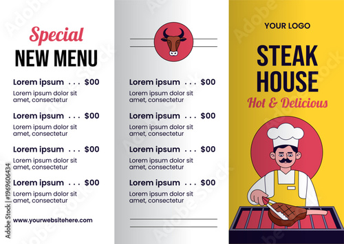 Social Media Brochure Flat Cartoon Hand Drawn Template Steakhouse Background