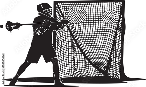 Lacrosse player, black silhouette, sports icon, athletic vector, goalie net