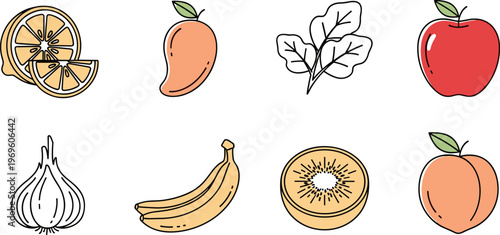 Food and fruit flat icons set with lemon mango apple banana kiwi garlic and vegetable symbols for healthy cooking design