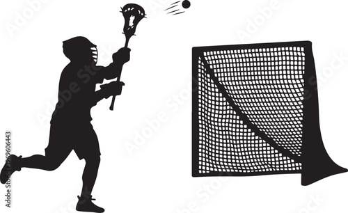 Lacrosse player silhouette, black lacrosse icon, sports equipment, athletic vector graphics