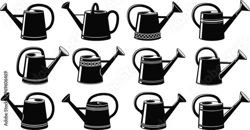 Set of black silhouette watering can icons featuring various gardening tool shapes, vintage metal designs, and modern plastic sprayers for horticulture and backyard garden maintenance.