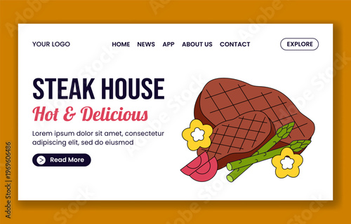 Social Media Landing Page Flat Cartoon Hand Drawn Template Steakhouse