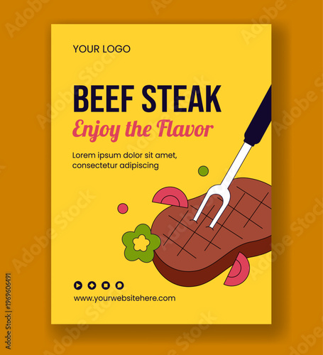 Steakhouse Social Media Poster Flat Cartoon Hand Drawn Background Illustration