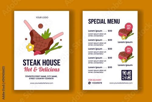 Steakhouse Social Media Menu Flat Cartoon Hand Drawn Background Template