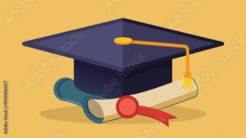 Graduation cap and diploma on a table with yellow background