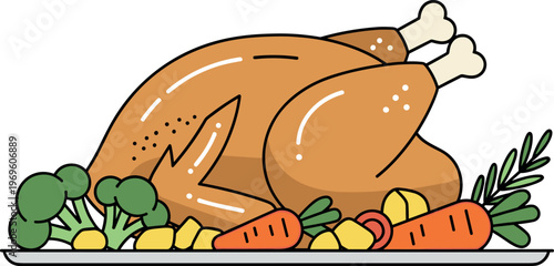 Roasted whole chicken vector illustration with vegetables and herbs, festive dinner meal design for restaurant menu, holiday food and culinary concept