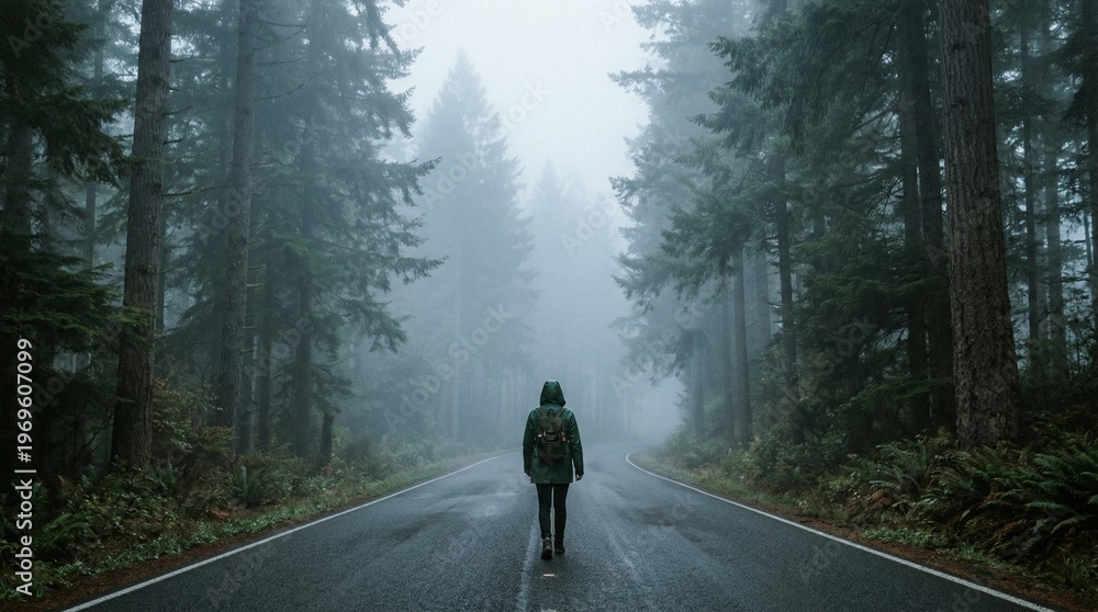 Fototapeta premium Lone person walking on wet forest road in fog, atmospheric, mysterious, adventure