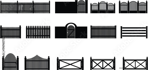 Set of wooden fence and garden gate silhouette icons featuring various timber designs, picket styles, farm gates, and rural backyard property boundary elements.