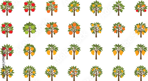 Colorful cartoon fruit trees with apples oranges and lemons on white