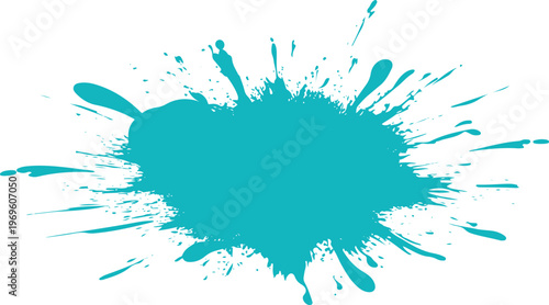 Large teal paint splatter with dynamic droplets on white background
