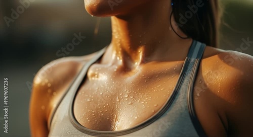 Close-up of a fit woman's sweaty chest and shoulders after a vigorous workout, glistening in golden hour light.