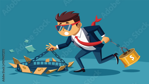 Businessman runs away from a money trap while holding a padlock with a dollar sign