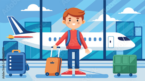 Child with luggage at an airport waiting for a flight while an airplane is parked in the background