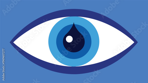 Bright blue eye design with a dark pupil and water droplet on a blue background shows creativity and modern art in a simple way