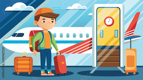 Child waits at airport with bags and airplane in background during day