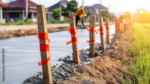 Bright Warning Markers for Freshly Poured Concrete on Construction Site
