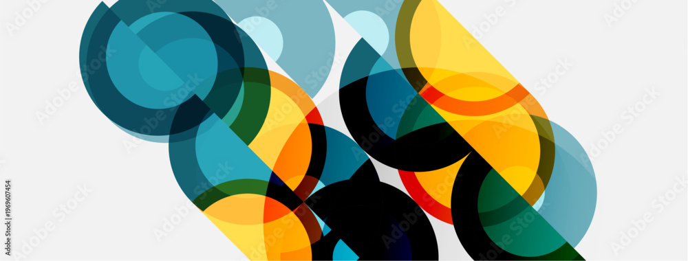 Obraz premium Abstract composition featuring overlapping circles, vibrant colors, yellow, teal, dark shades. Modern design, simple geometry, clean aesthetic.