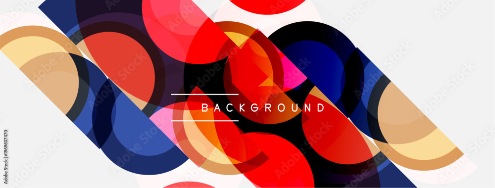 Obraz premium Abstract design features overlapping circles, rectangles. Colors include red, blue, yellow, beige. Modern, dynamic composition.