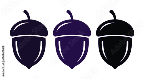 Bellotas de roble en estilo plano, conjunto de 3 iconos de semillas de otoño, ilustración vectorial de frutos secos para diseño de logotipos