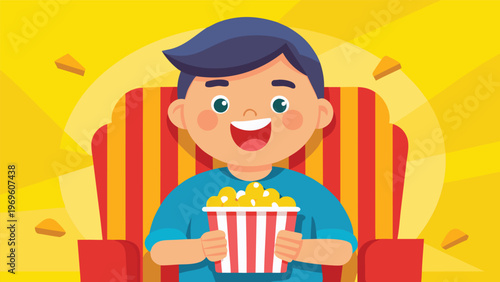 Child enjoying popcorn while sitting in a big red-striped chair with a happy expression during a movie time