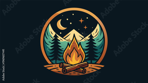 Campfire scene with trees and mountains at night under a starry sky