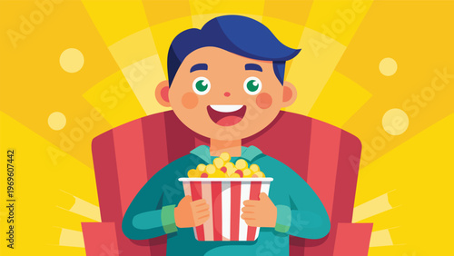 Boy sits in chair with popcorn ready to watch movie