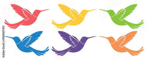 Colibríes coloridos en vuelo, colección de 6 siluetas de aves tropicales, iconos vectoriales de pájaros multicolores para diseño gráfico