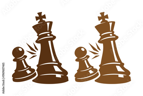 Ajedrez de madera con peón golpeando al rey, ilustración vectorial de competencia estratégica, iconos de piezas de ajedrez marrón