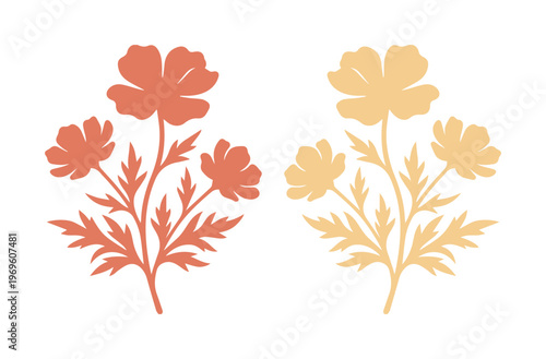 Ilustración botánica de flores silvestres en estilo minimalista, siluetas de amapolas en tonos terracota y crema, diseño floral vectorial