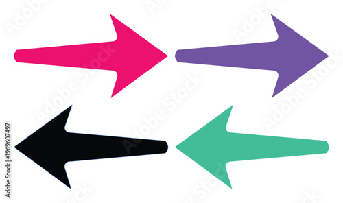 Flechas vectoriales modernas en colores vibrantes, conjunto de 4 punteros de dirección, iconos gráficos minimalistas para navegación y diseño web