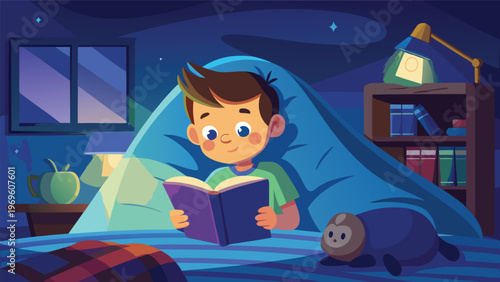Child reads book in bed at night with lamp on and toy nearby