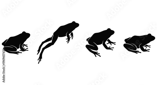 Four black silhouette frogs on in different poses