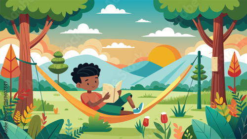 Child reads in a hammock surrounded by trees and mountains during sunset in a colorful outdoor setting