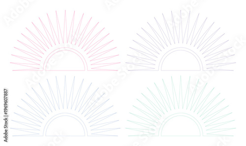 Minimalist sunburst vector collection, 4 pastel gradient sun icons, abstract sunrise design elements, modern celestial graphic resources for branding and web design