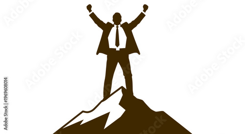 Silhouette of a triumphant businessman standing on a mountain peak with arms raised