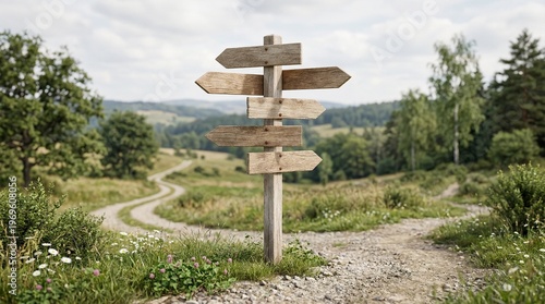 Wooden signpost at a crossroads in a rural landscape, indicating different directions.
