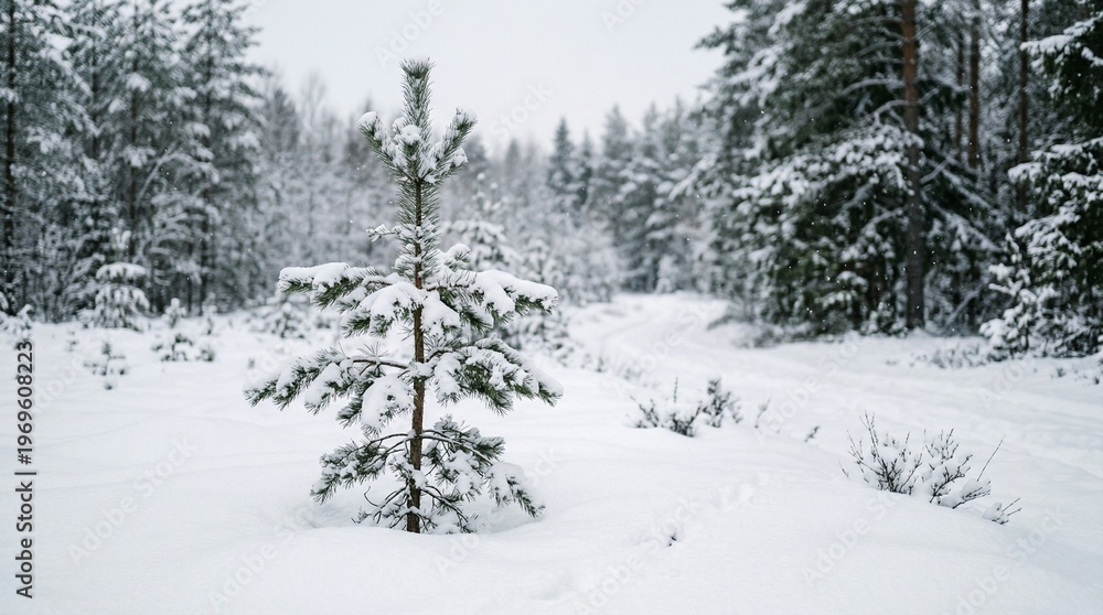 Fototapeta premium Small pine tree covered in snow in a winter forest with a path