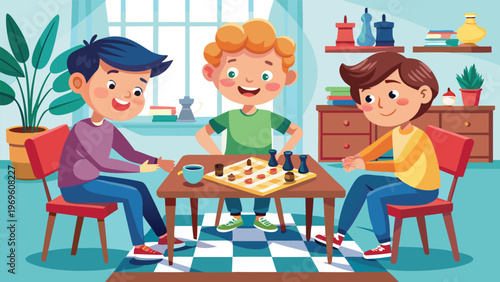Three children play board games in a bright room with colorful decorations and furniture