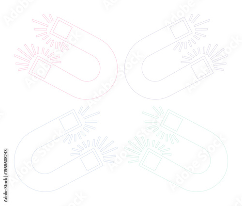 Iconos de imán en herradura con líneas de fuerza magnética, conjunto de 4 elementos vectoriales, símbolos de atracción y física