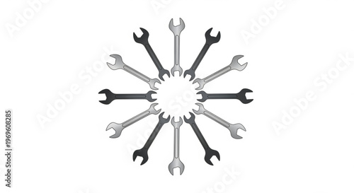 Wrenches arranged in a circle forming a gear like pattern symbolizing tools and teamwork in maintenance and repair