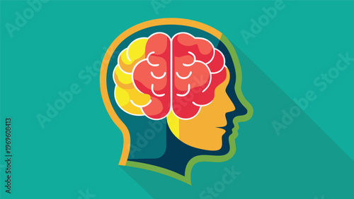 Illustration of a human head showing a brain in colorful design on a bright background demonstrating the concept of thinking