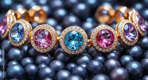 Elegant gold bracelet adorned with colorful gemstones and diamonds, resting on a bed of dark pearls.