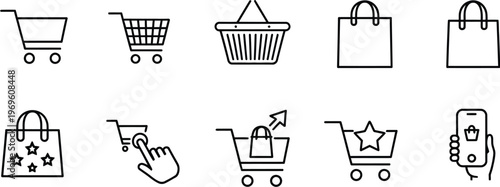 Shopping Bag Icon Set, Online Purchase and Shopping Cart Trolley Symbols, Outline Style Vector Illustration for E Commerce, Retail, Mobile Apps, UI Design and Digital Marketplace