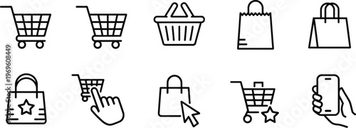 Shopping Bag Icon Set, Online Purchase and Shopping Cart Trolley Symbols, Outline Style Vector Illustration for E Commerce, Retail, Mobile Apps, UI Design and Digital Marketplace