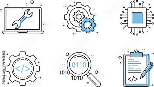 Software development and coding icons set with laptop settings processor debugging and programming symbols for technology and engineering design
