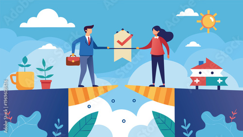 Two people stand on cliffs and reach for a shared goal while a sunny sky surrounds them in a colorful scene