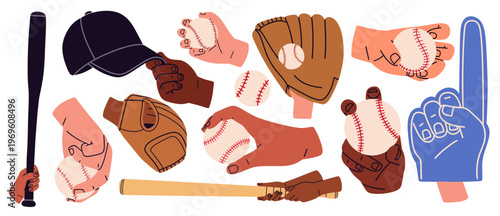Flat vector illustration of baseball elements including hands holding balls, gloves, bats, and fan foam finger. ideal for concepts of baseball game, competition, recreation, and athletic lifestyle.