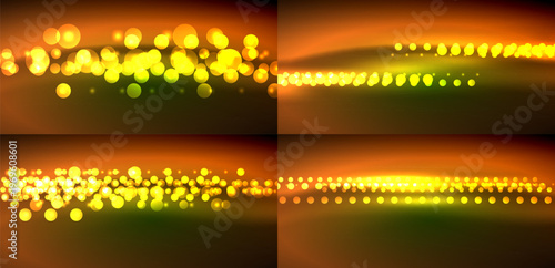 Bright bokeh effects, warm colors dominate. Four panels showcase varying light intensity, gradients present. Festive, abstract background imagery.