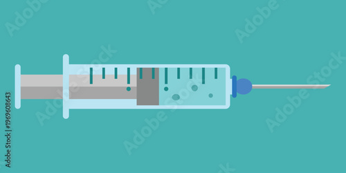 Syringe Closeup: A sterile syringe, filled with a clear liquid, is poised against a vibrant teal backdrop, ready for injection.