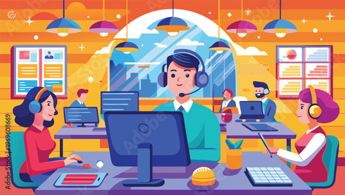 Workers in a busy call center take calls and provide assistance to customers during the day in a modern office environment